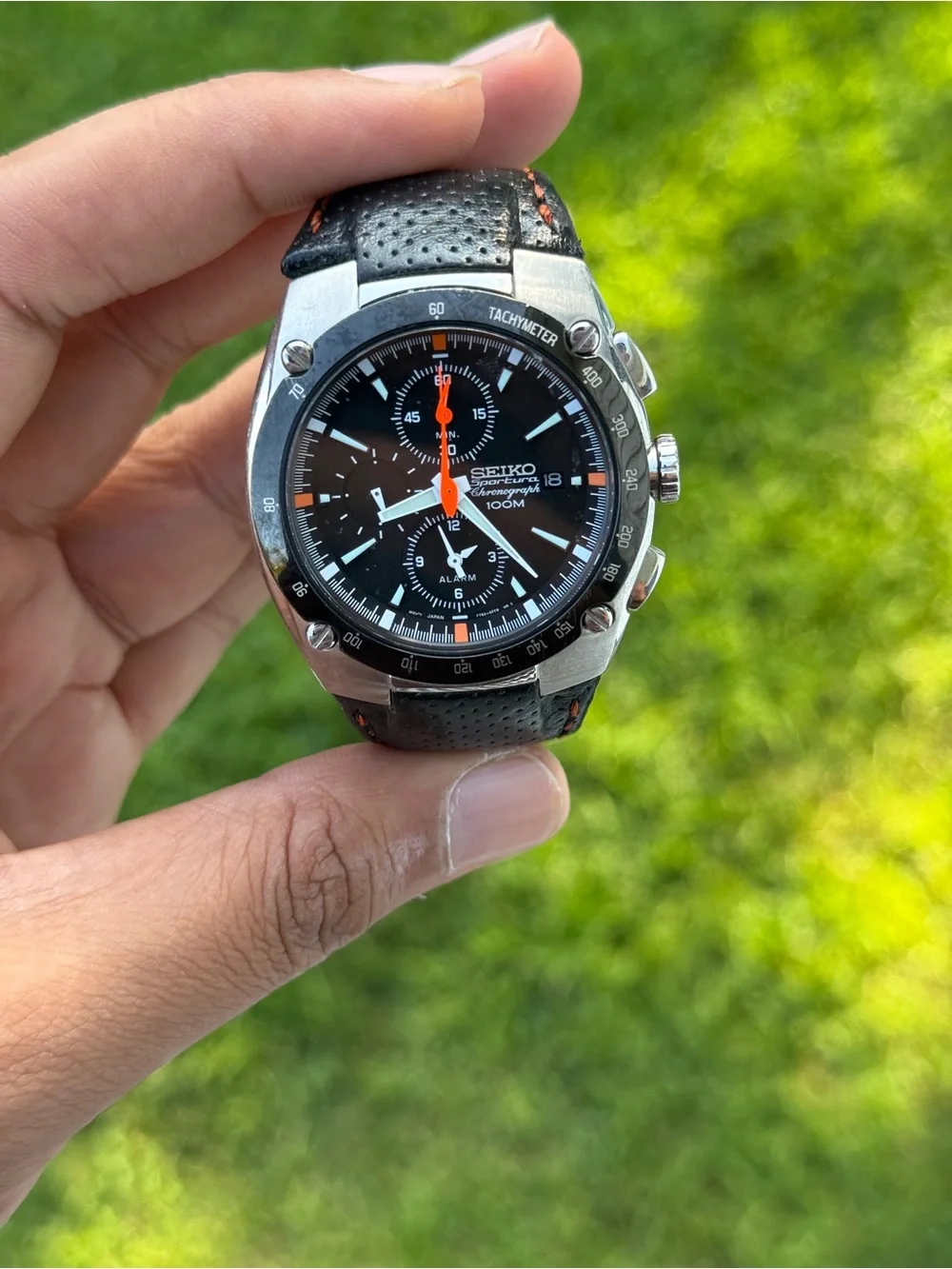 Seiko sportura Black Dial Men's Chronograph Watch with Orange Accents